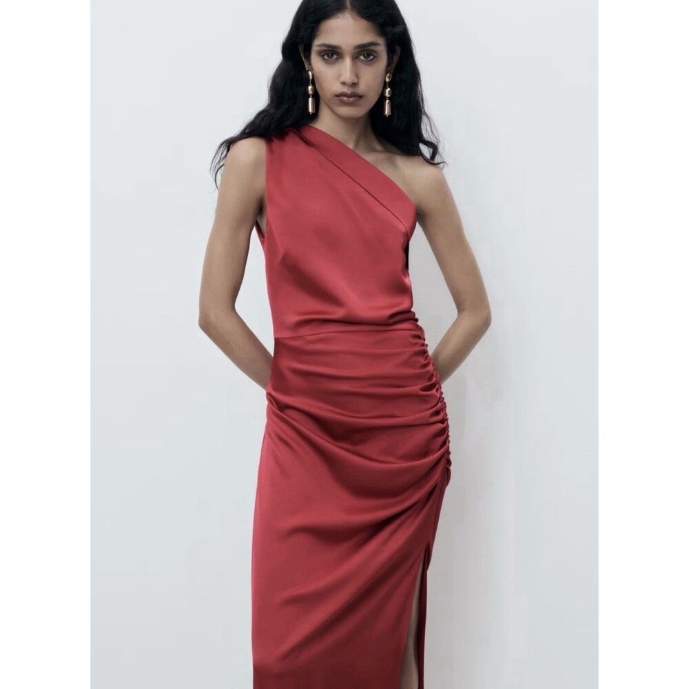 MANGO MNG Red Wine Asymmetrical Satin MIDI Maxi Side Slit Dress Size 2 NWOT READ